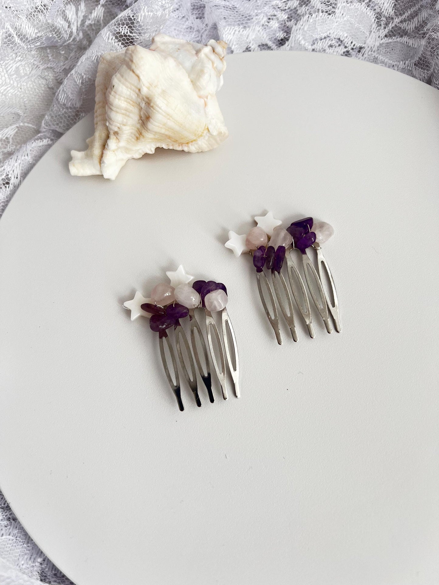 Amethyst Bridal Hairpiece Bridesmaid Hair Comb Amethyst with Pearl Hearts Bridal Gemstone Hair Piece Gemstone Hair Jewelry Amethyst HairComb