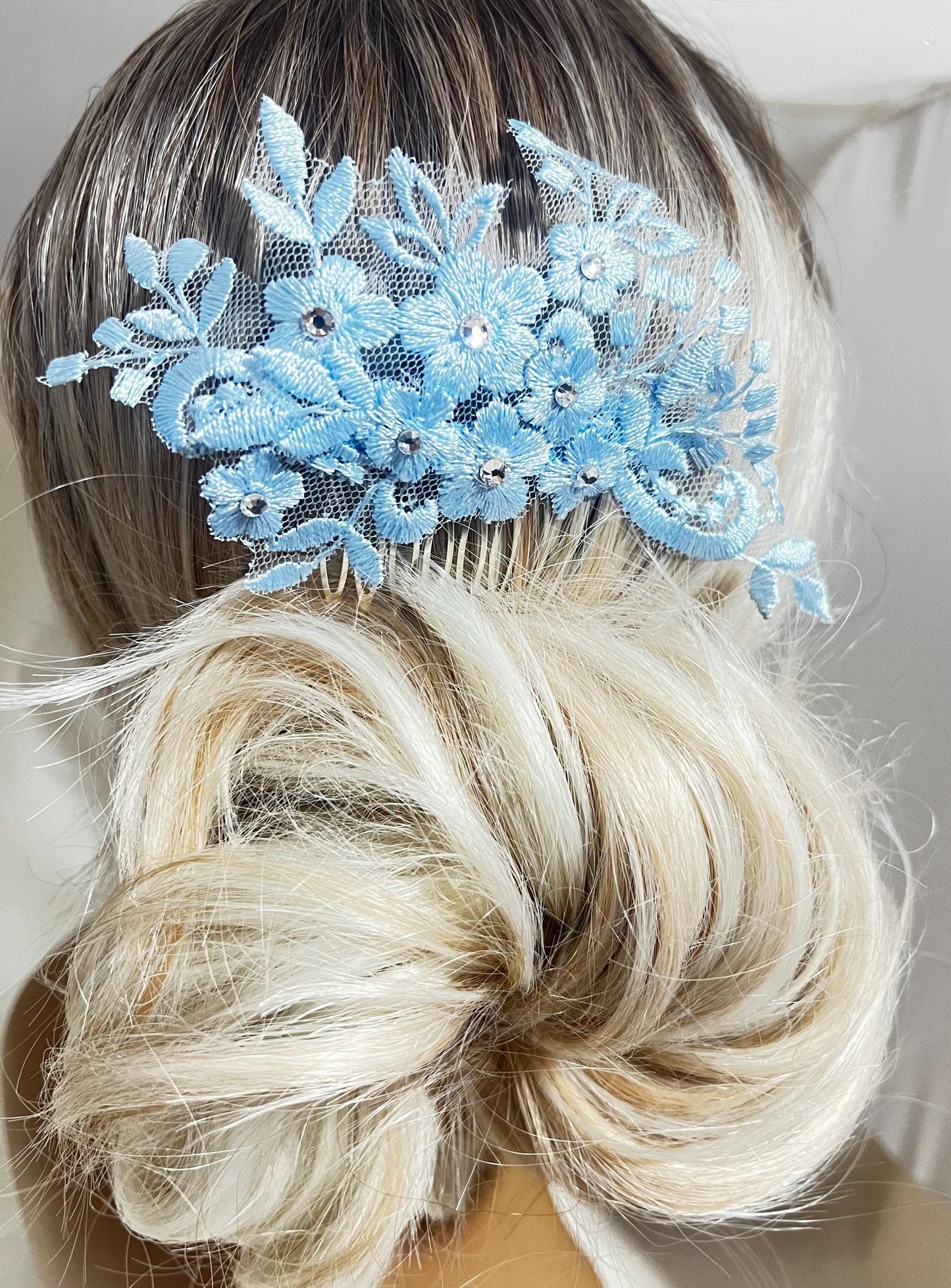Blue Wedding Hair Comb, Bridal Lace Hair Comb, Blue Lace Hair Comb with Rhinestones Bridal Headpiece, Bride Hair Accessory. Some Thing Blue