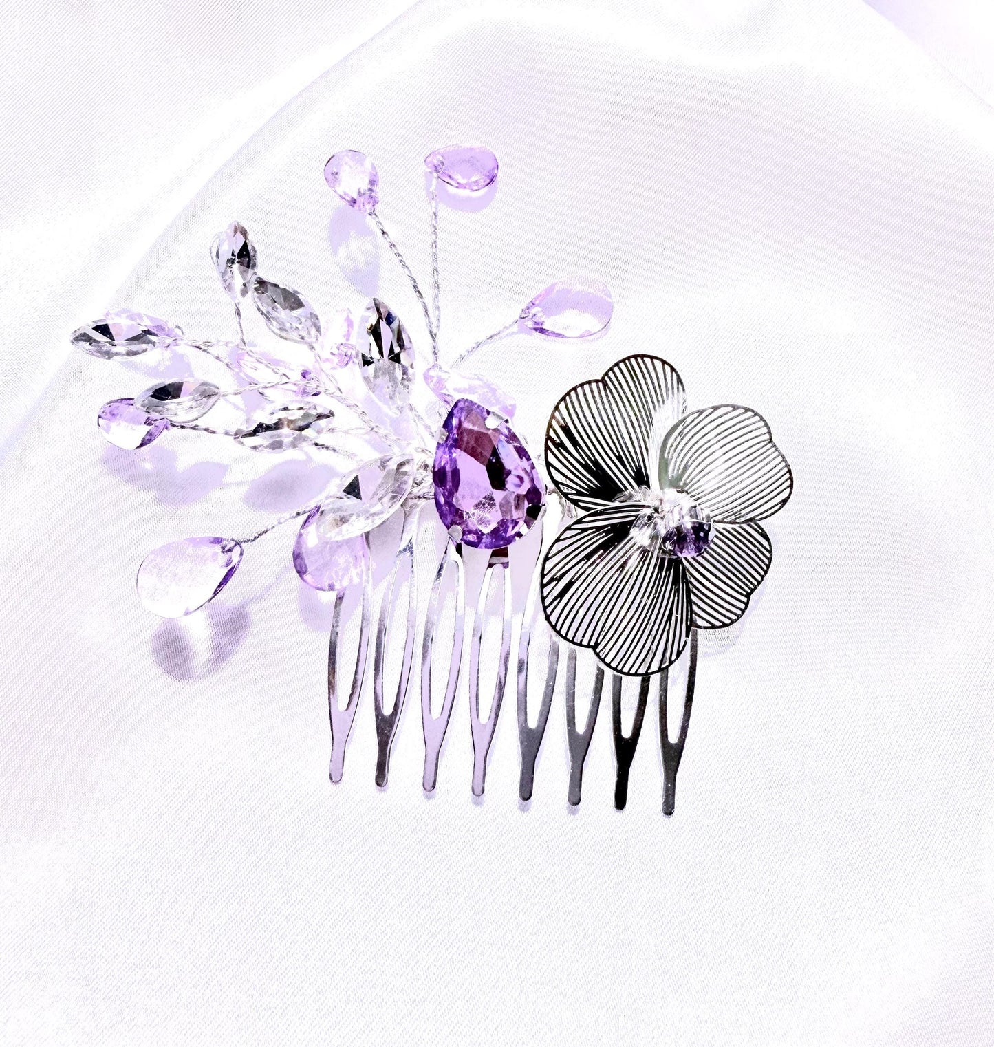 Lavender Bridal Hair Comb: Silver Flower, Rhinestone Wedding Hairpiece