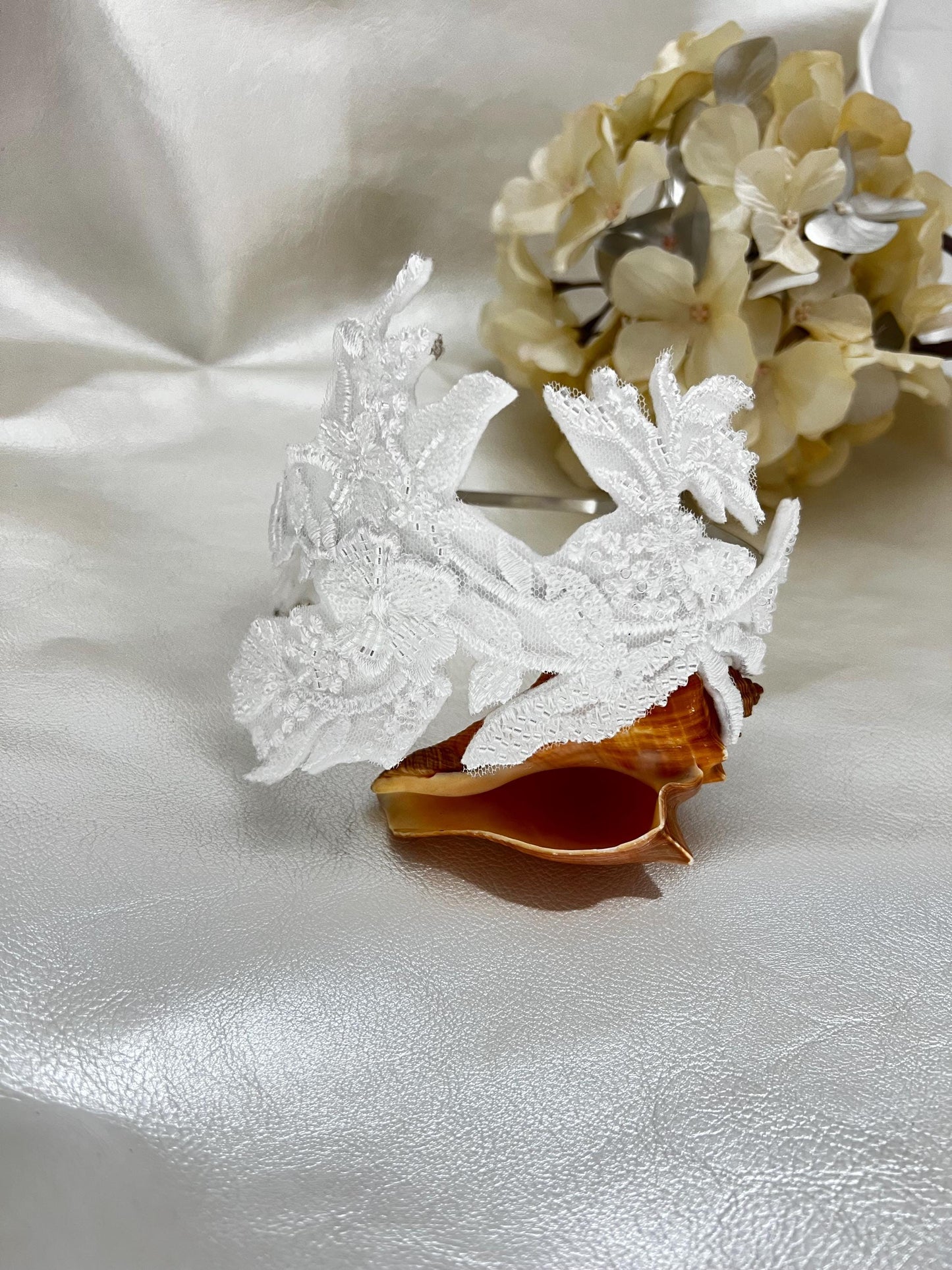 Beaded White Venice Lace Wedding Headband: Bridal Flower Crown