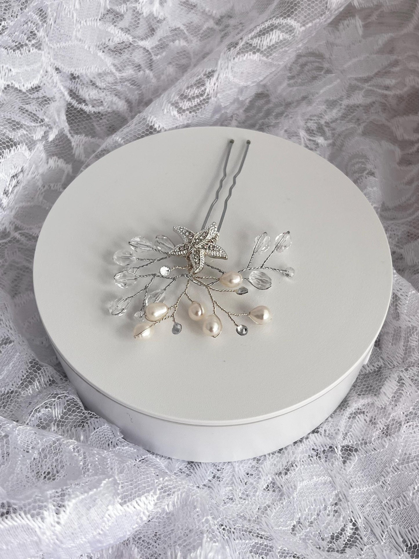 Freshwater Pearls Hair Pin, Rhinestone Starfish Hair Pin, Wedding Freshwater Pearls Hair Pin, Rhinestone Silver Starfish Bridal Hair Pin,
