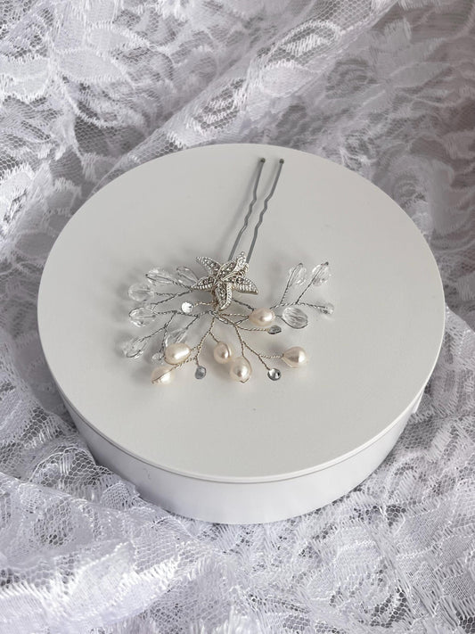 Freshwater Pearls Hair Pin, Rhinestone Starfish Hair Pin, Wedding Freshwater Pearls Hair Pin, Rhinestone Silver Starfish Bridal Hair Pin,