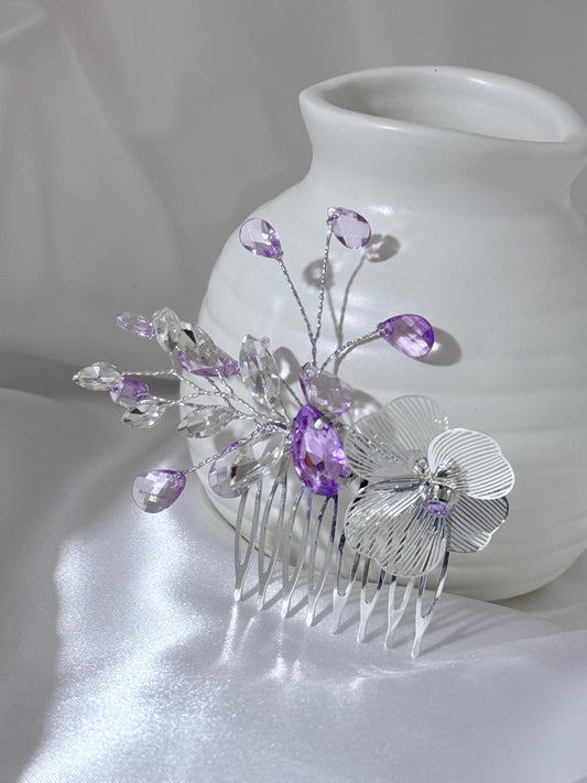 Lavender Bridal Hair Comb: Silver Flower, Rhinestone Wedding Hairpiece