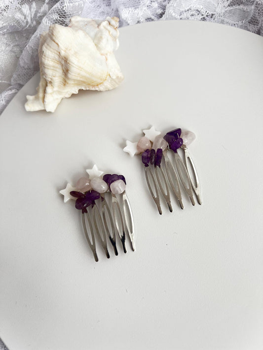 Amethyst Bridal Hairpiece Bridesmaid Hair Comb Amethyst with Pearl Hearts Bridal Gemstone Hair Piece Gemstone Hair Jewelry Amethyst HairComb