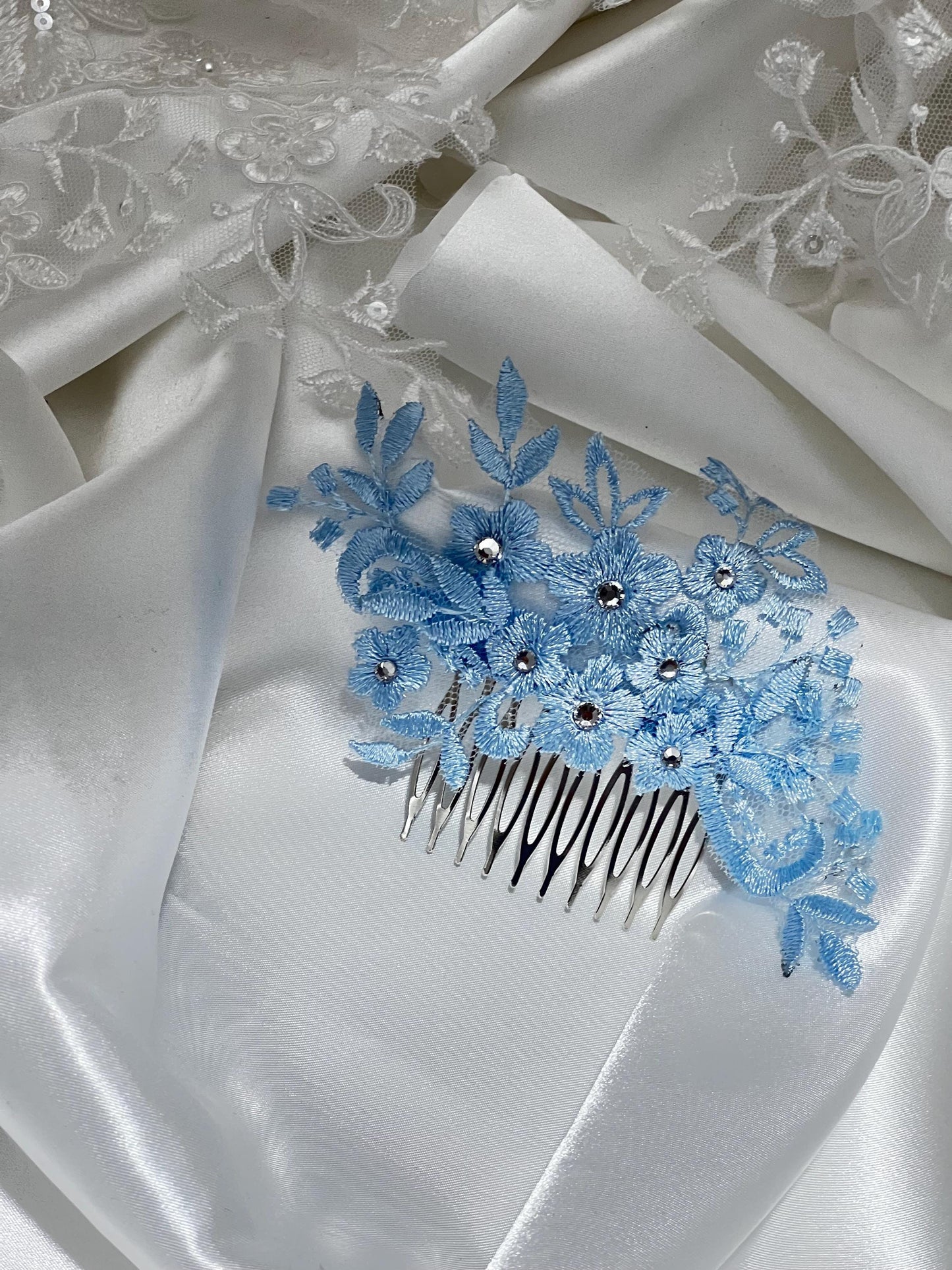 Blue Wedding Hair Comb, Bridal Lace Hair Comb, Blue Lace Hair Comb with Rhinestones Bridal Headpiece, Bride Hair Accessory. Some Thing Blue