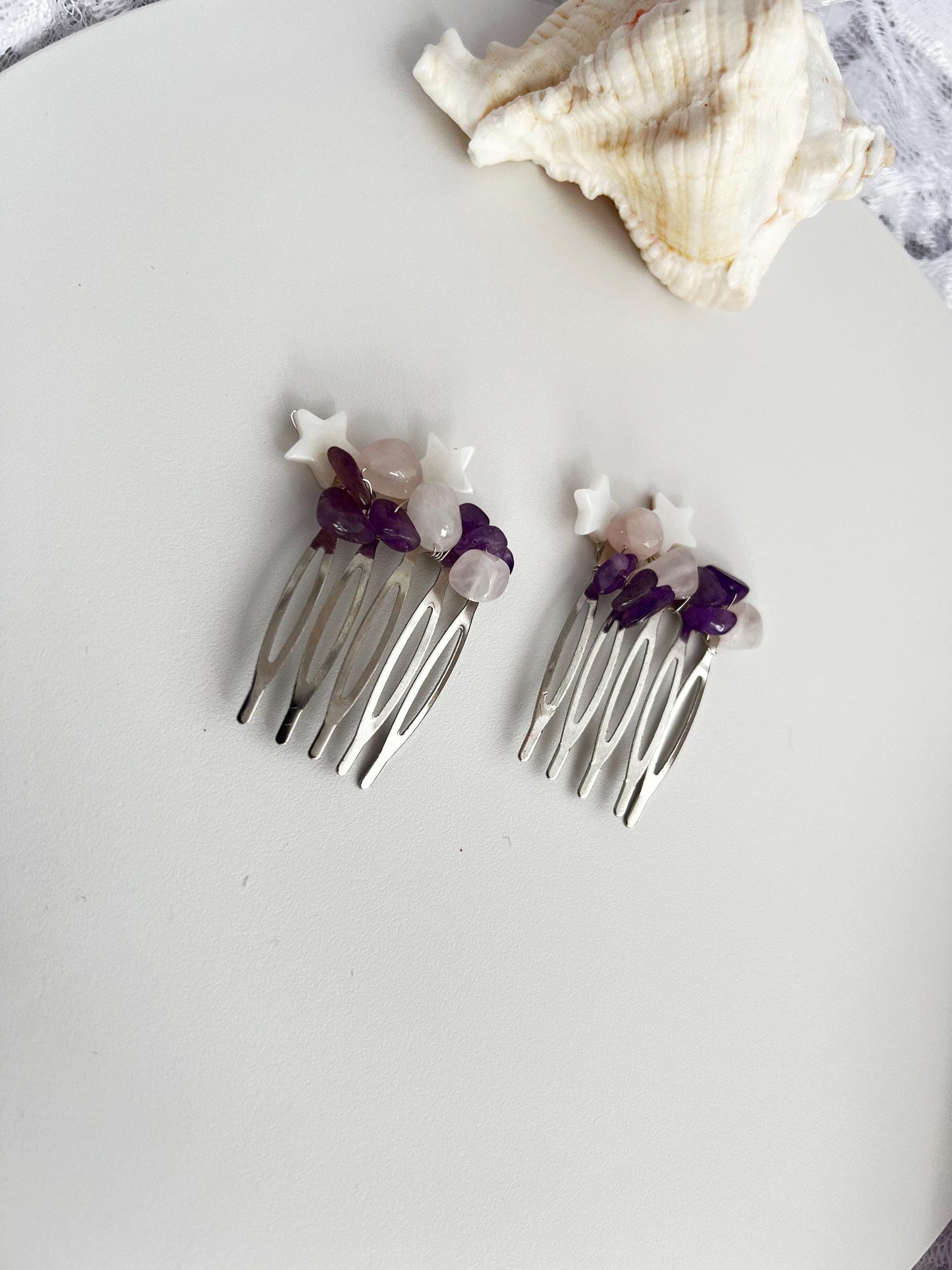 Amethyst Bridal Hairpiece Bridesmaid Hair Comb Amethyst with Pearl Hearts Bridal Gemstone Hair Piece Gemstone Hair Jewelry Amethyst HairComb