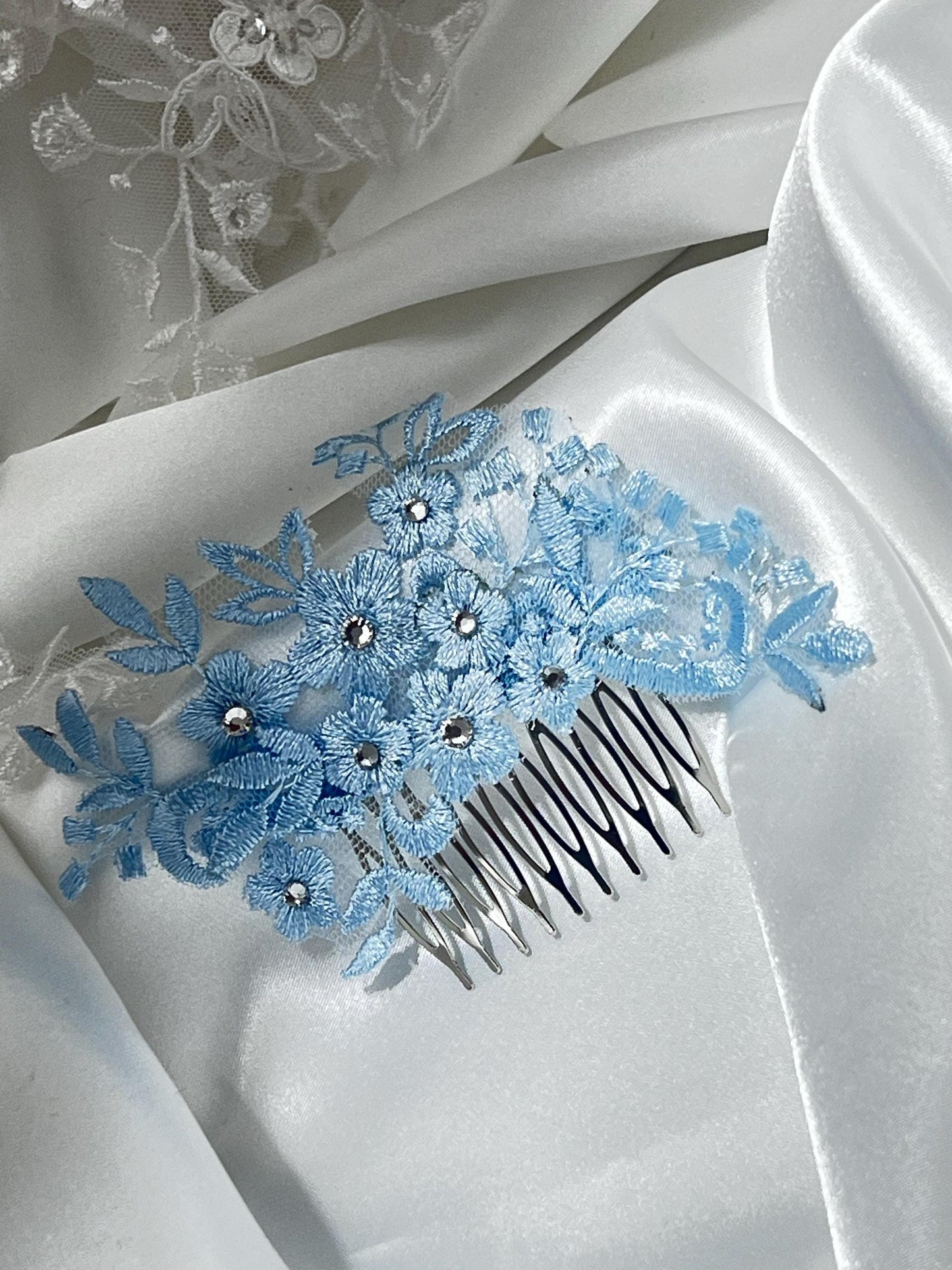 Blue Wedding Hair Comb, Bridal Lace Hair Comb, Blue Lace Hair Comb with Rhinestones Bridal Headpiece, Bride Hair Accessory. Some Thing Blue