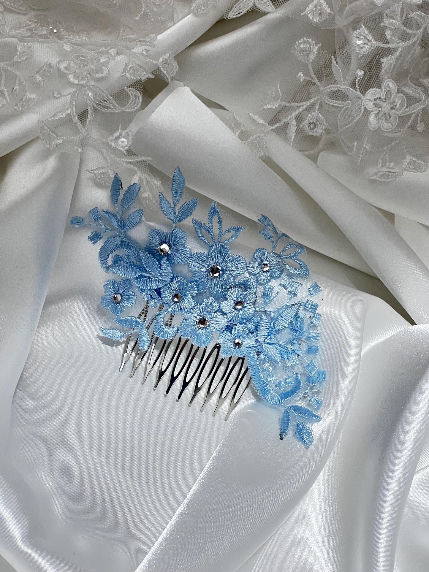Blue Wedding Hair Comb, Bridal Lace Hair Comb, Blue Lace Hair Comb with Rhinestones Bridal Headpiece, Bride Hair Accessory. Some Thing Blue
