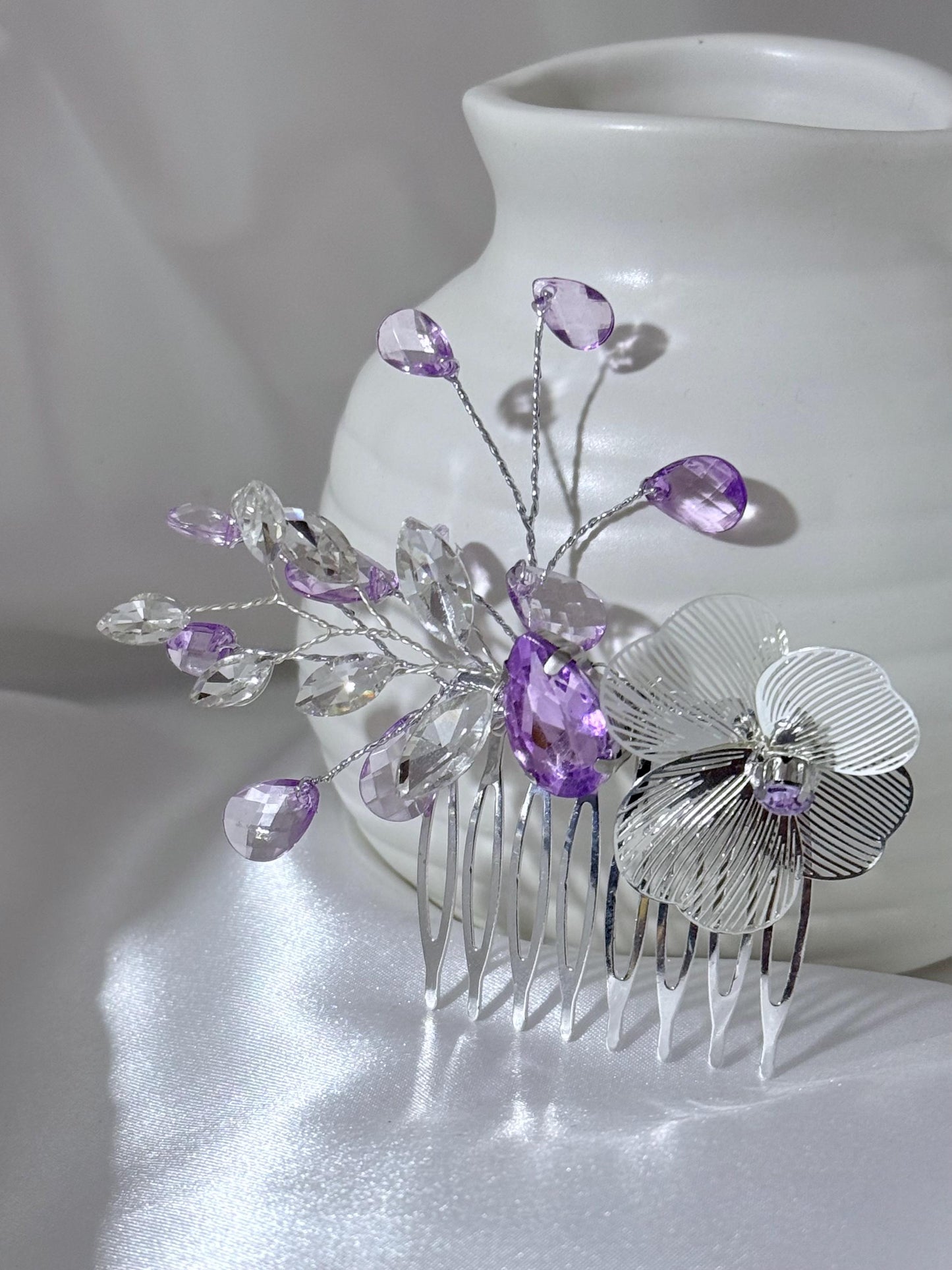 Lavender Bridal Hair Comb: Silver Flower, Rhinestone Wedding Hairpiece
