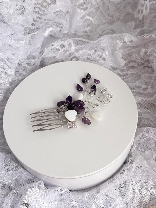 Amethyst Bridal Hairpiece Bridesmaid Hair Comb Amethyst with Pearl Hearts Bridal Gemstone Hair Piece Gemstone Hair Jewelry Amethyst HairComb