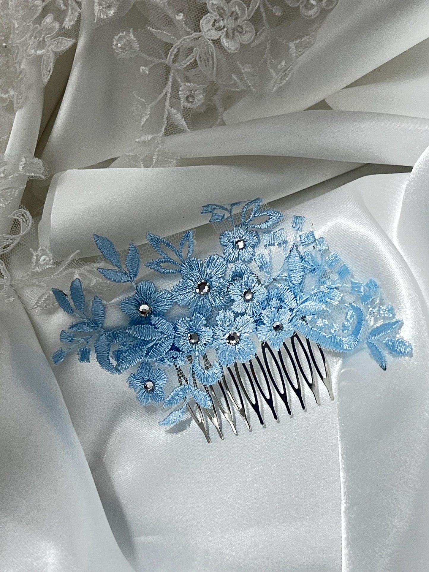 Blue Wedding Hair Comb, Bridal Lace Hair Comb, Blue Lace Hair Comb with Rhinestones Bridal Headpiece, Bride Hair Accessory. Some Thing Blue