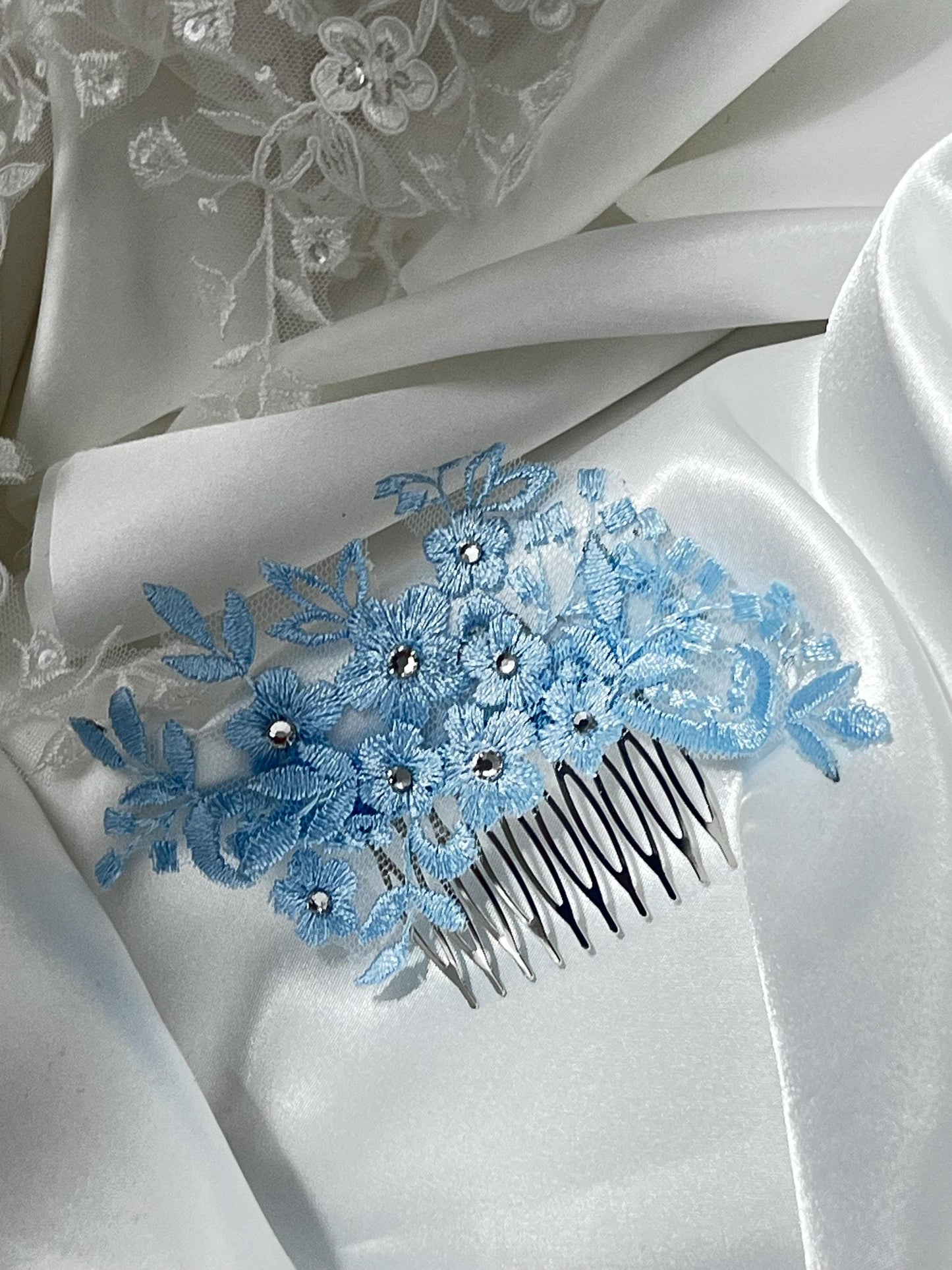 Blue Wedding Hair Comb, Bridal Lace Hair Comb, Blue Lace Hair Comb with Rhinestones Bridal Headpiece, Bride Hair Accessory. Some Thing Blue