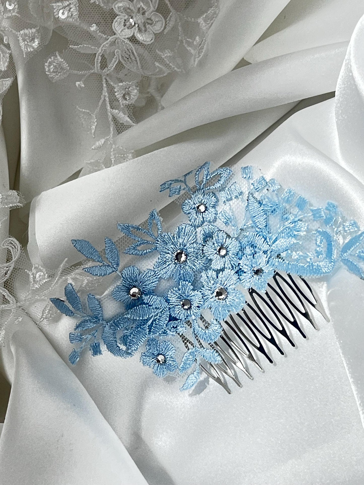 Blue Wedding Hair Comb, Bridal Lace Hair Comb, Blue Lace Hair Comb with Rhinestones Bridal Headpiece, Bride Hair Accessory. Some Thing Blue