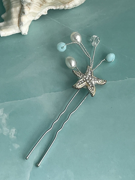 Rhinestone Starfish Hair Pin, Wedding Hair Silver Pin, Rhinestone Silver Starfish Bridal Hair Pin, Wedding Starfish Hair Pin, Something Blue