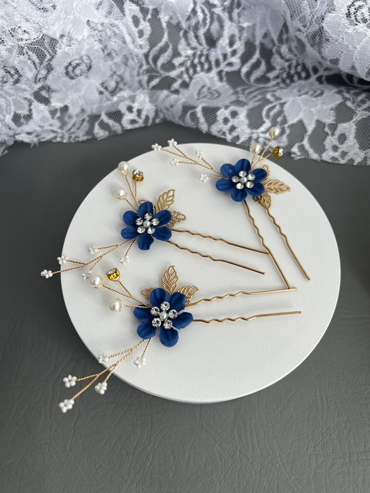 Royal Blue Flower Hair pin, set of 3