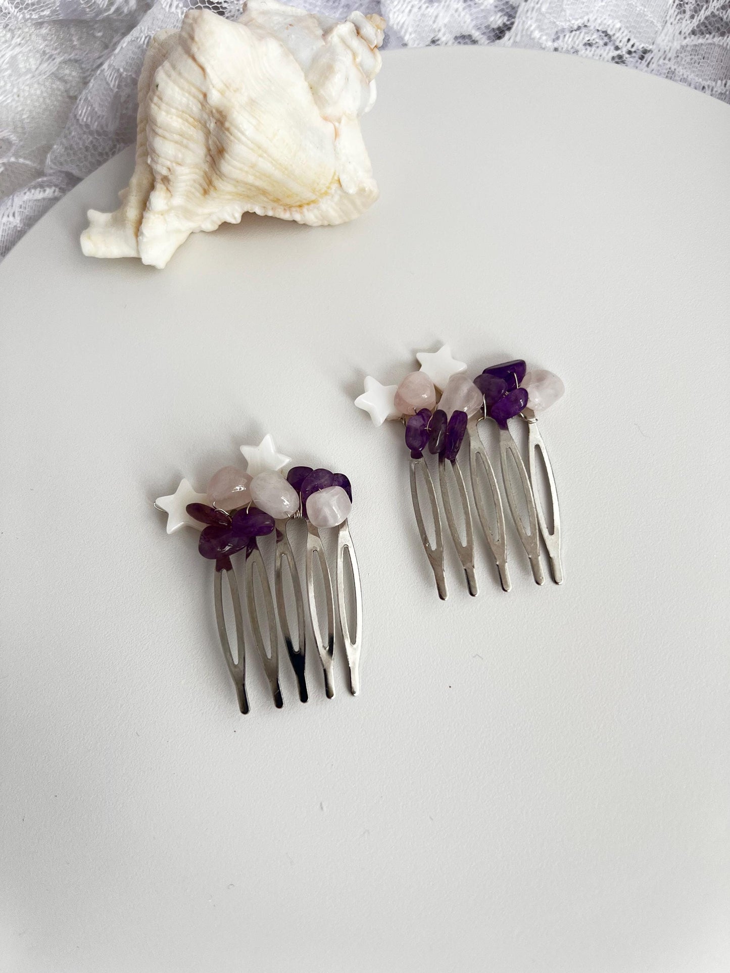 Amethyst Bridal Hairpiece Bridesmaid Hair Comb Amethyst with Pearl Hearts Bridal Gemstone Hair Piece Gemstone Hair Jewelry Amethyst HairComb