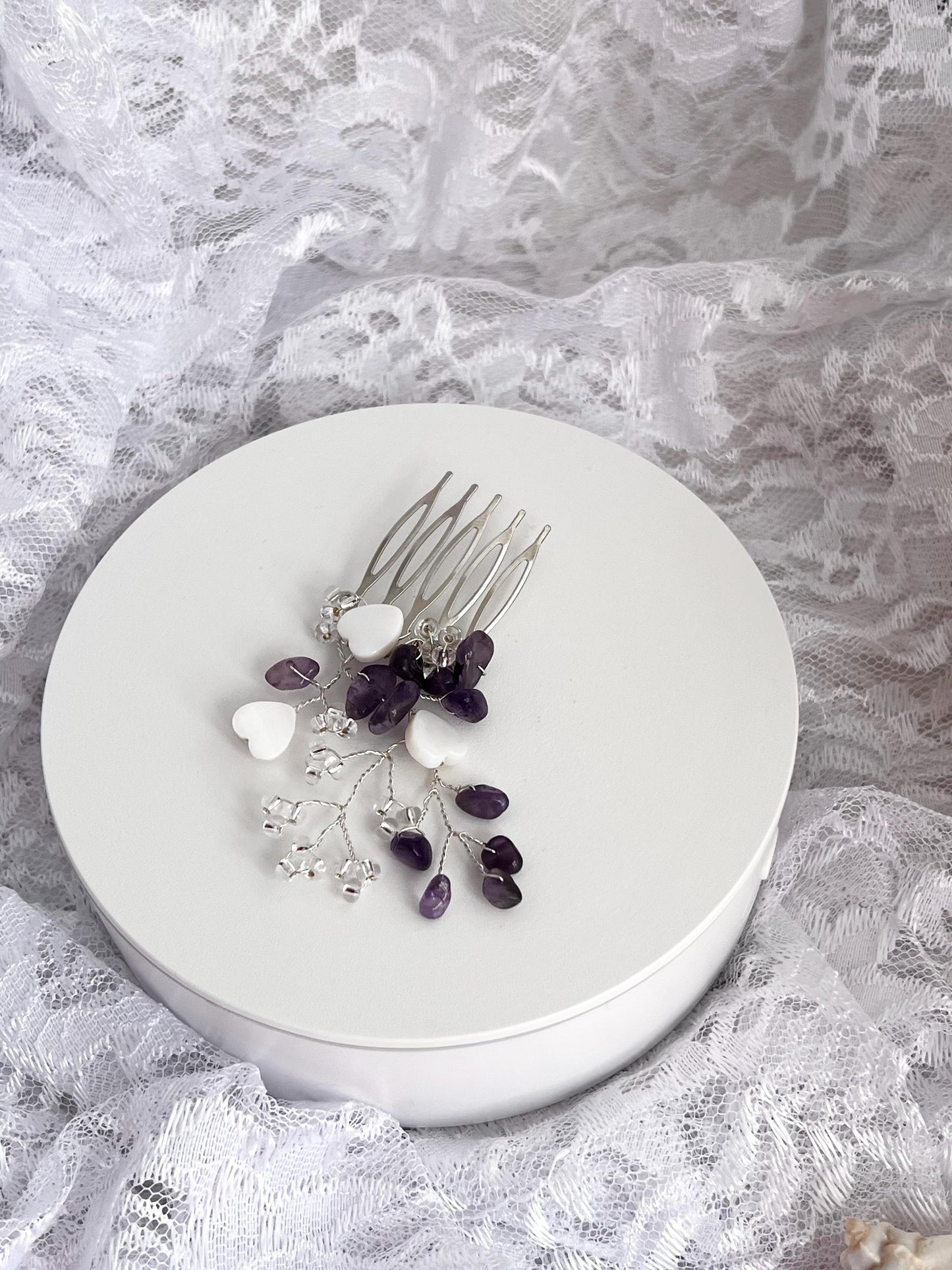 Amethyst Bridal Hairpiece Bridesmaid Hair Comb Amethyst with Pearl Hearts Bridal Gemstone Hair Piece Gemstone Hair Jewelry Amethyst HairComb