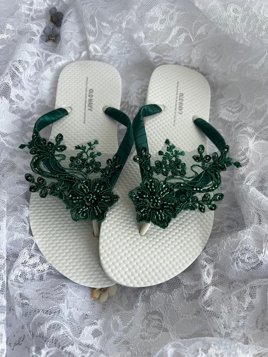 Hunter Green Bridal Flip Flop, Beaded Lace Bridal Sandals, Beach Wedding Sandals, Wedding Flip Flops, Wedding Destination Sandals