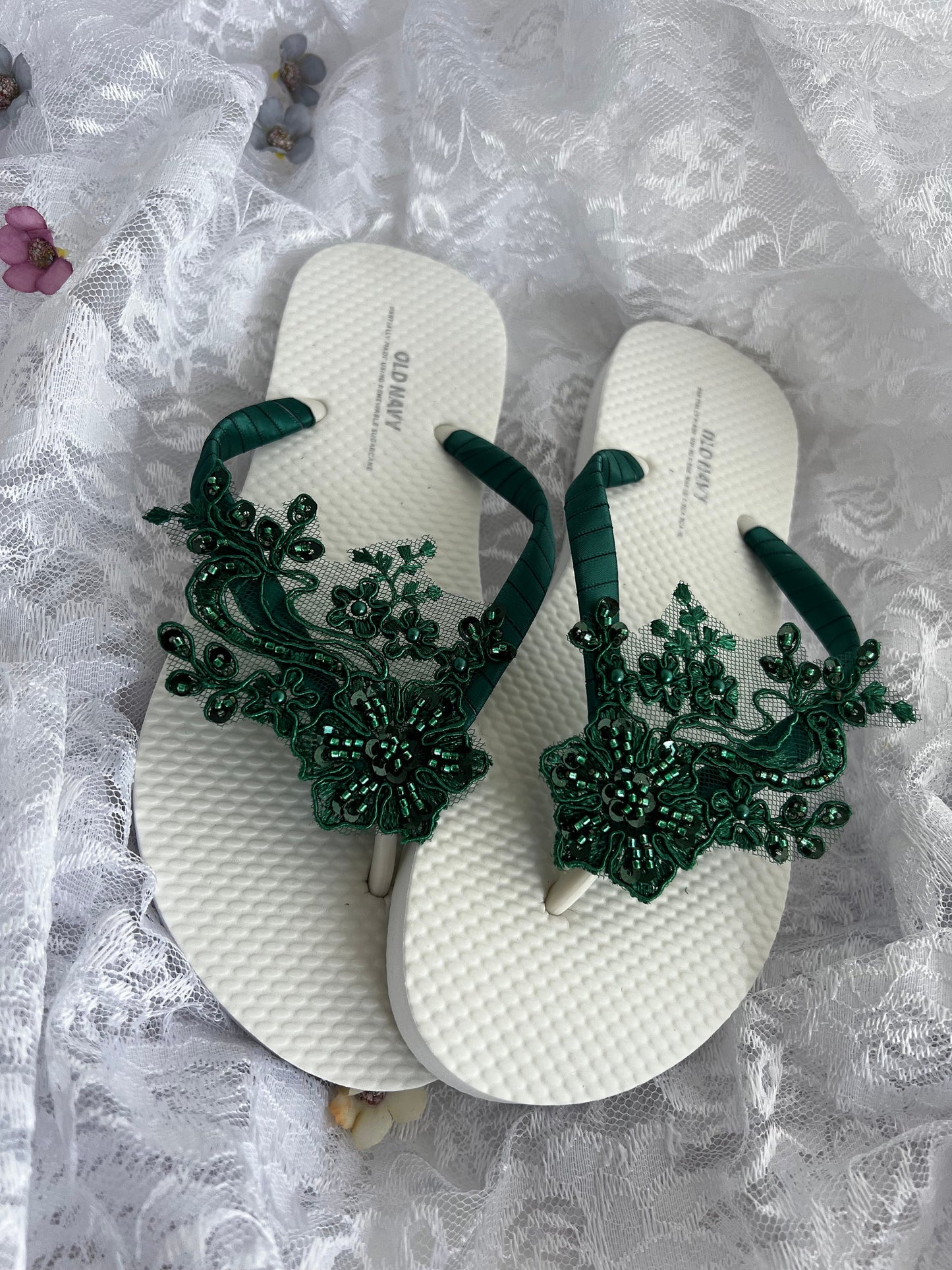 Hunter Green Bridal Flip Flop, Beaded Lace Bridal Sandals, Beach Wedding Sandals, Wedding Flip Flops, Wedding Destination Sandals
