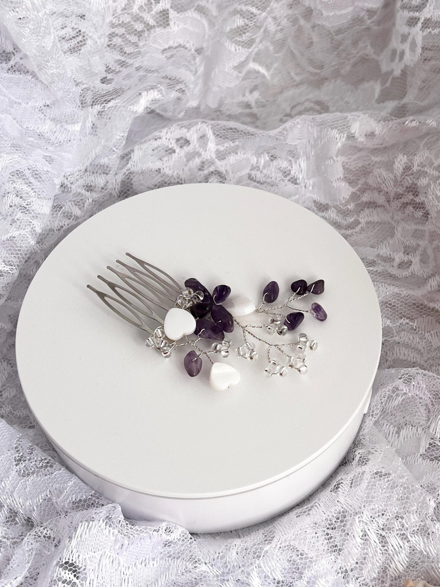 Amethyst Bridal Hairpiece Bridesmaid Hair Comb Amethyst with Pearl Hearts Bridal Gemstone Hair Piece Gemstone Hair Jewelry Amethyst HairComb