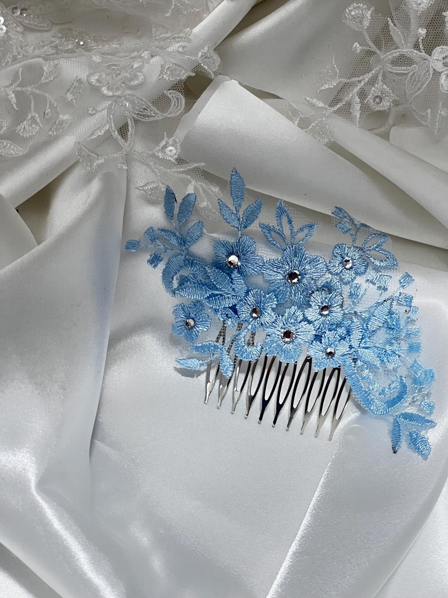 Blue Wedding Hair Comb, Bridal Lace Hair Comb, Blue Lace Hair Comb with Rhinestones Bridal Headpiece, Bride Hair Accessory. Some Thing Blue