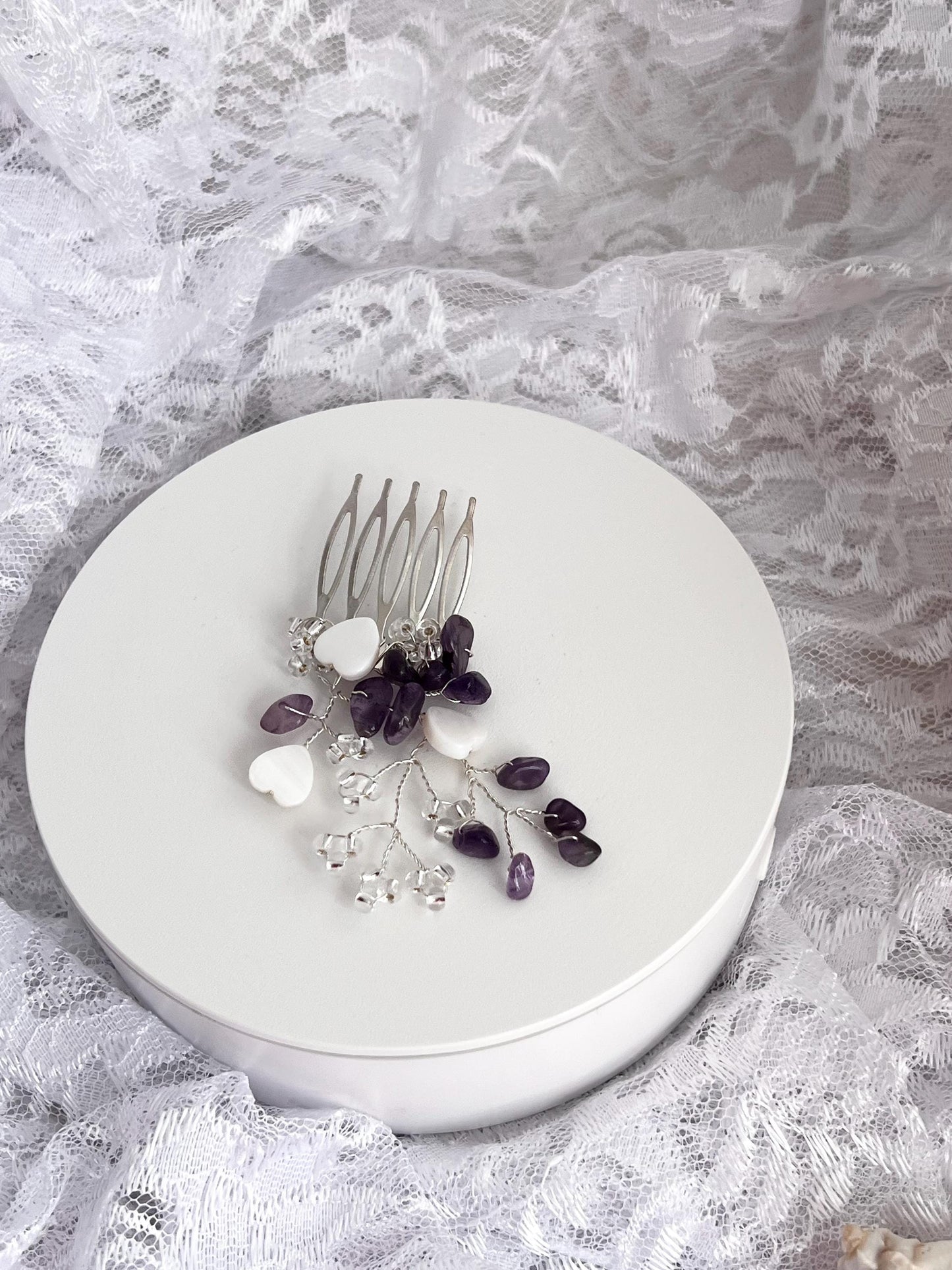 Amethyst Bridal Hairpiece Bridesmaid Hair Comb Amethyst with Pearl Hearts Bridal Gemstone Hair Piece Gemstone Hair Jewelry Amethyst HairComb