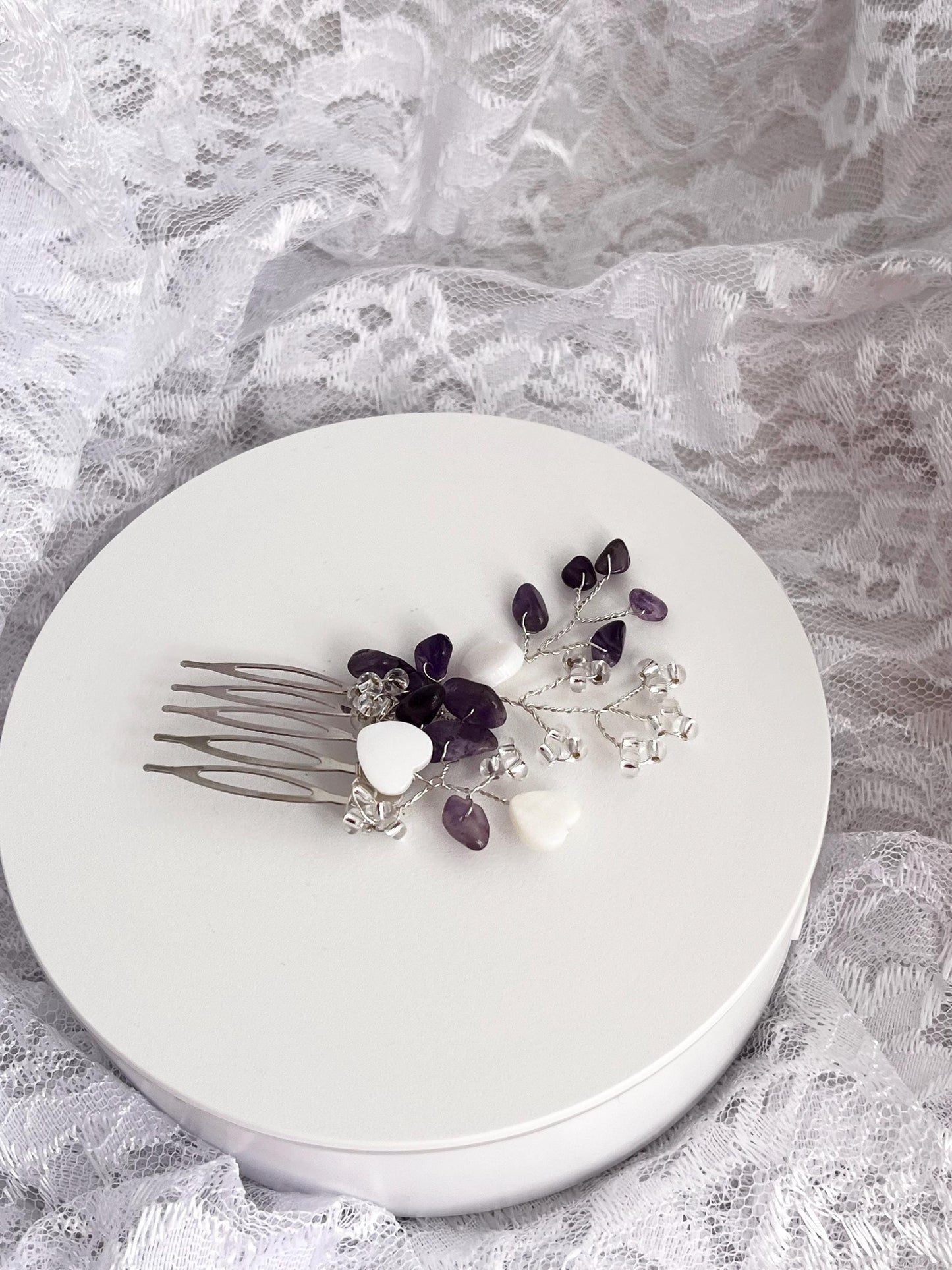 Amethyst Bridal Hairpiece Bridesmaid Hair Comb Amethyst with Pearl Hearts Bridal Gemstone Hair Piece Gemstone Hair Jewelry Amethyst HairComb